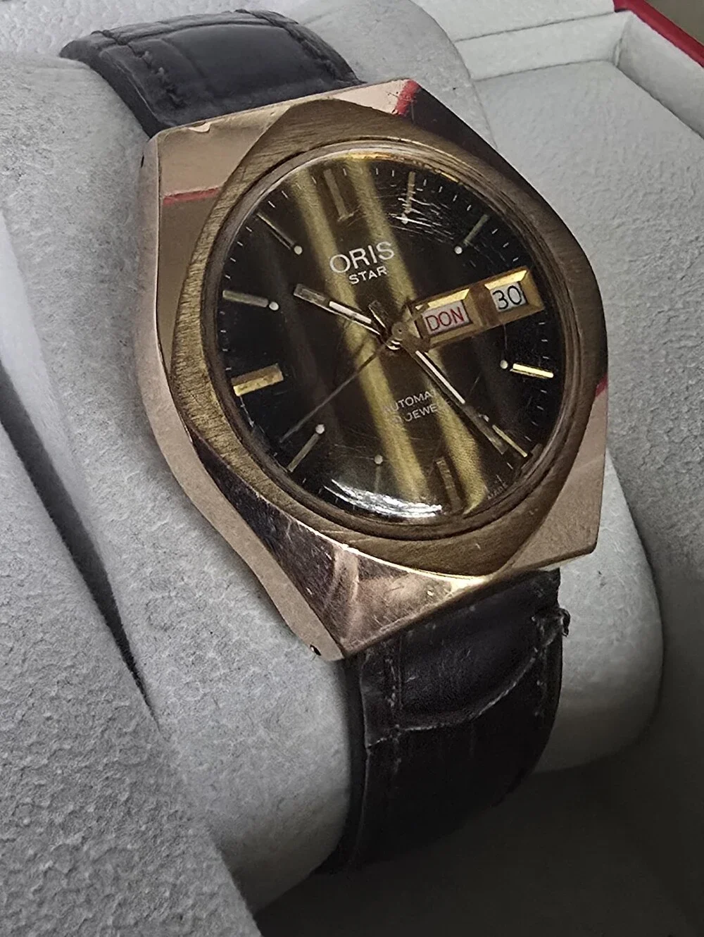 Oris Star Gold-Tone Case with Black Dial and Brown Strap